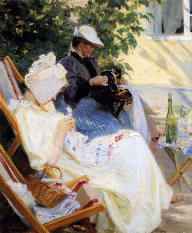 To Damer i Haven (med Strikketøjet) Marie Krøyer og hendes Mor - 1891
