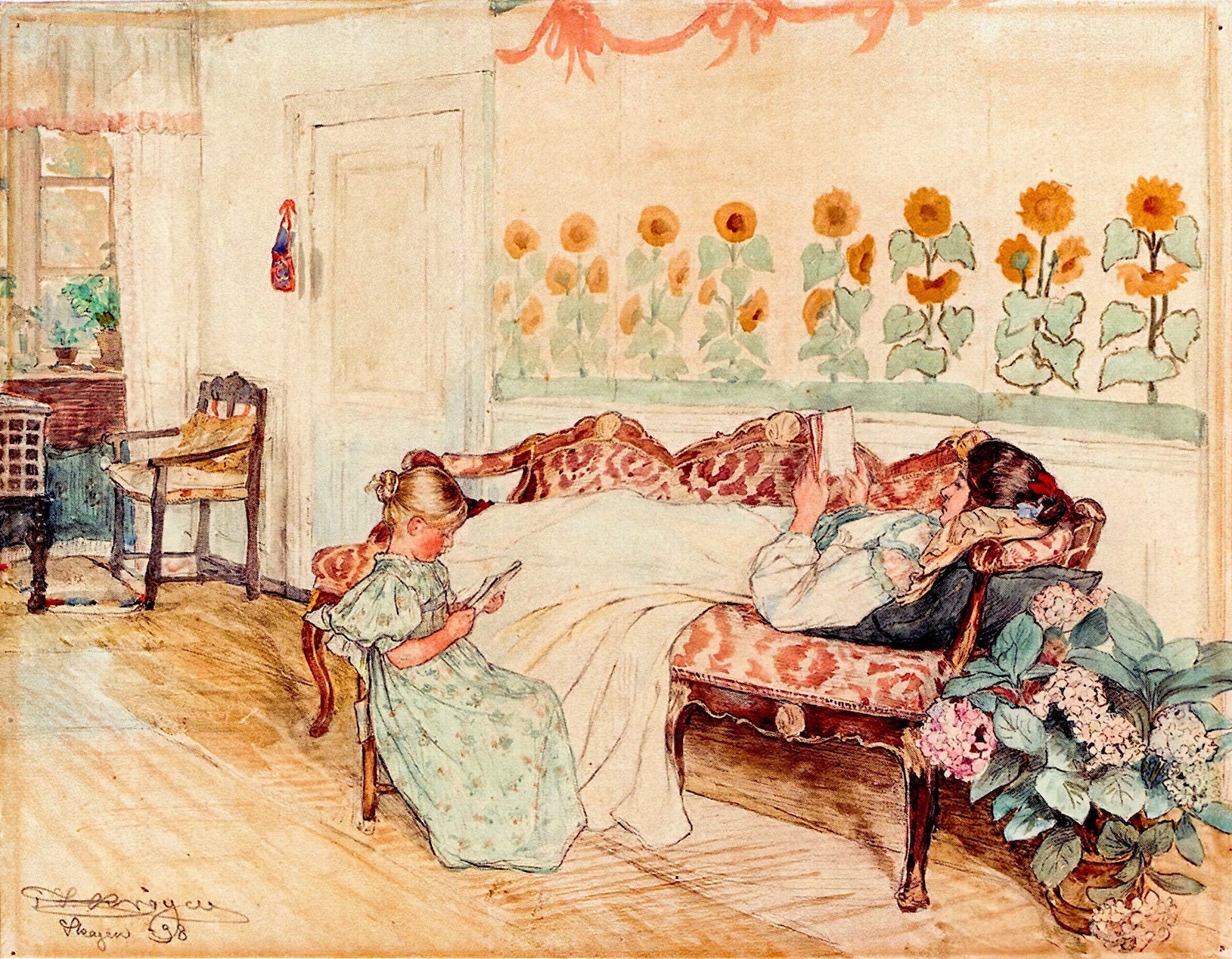 1898 - Marie og Vibeke Krøyer læsende i hjemmet i Skagen